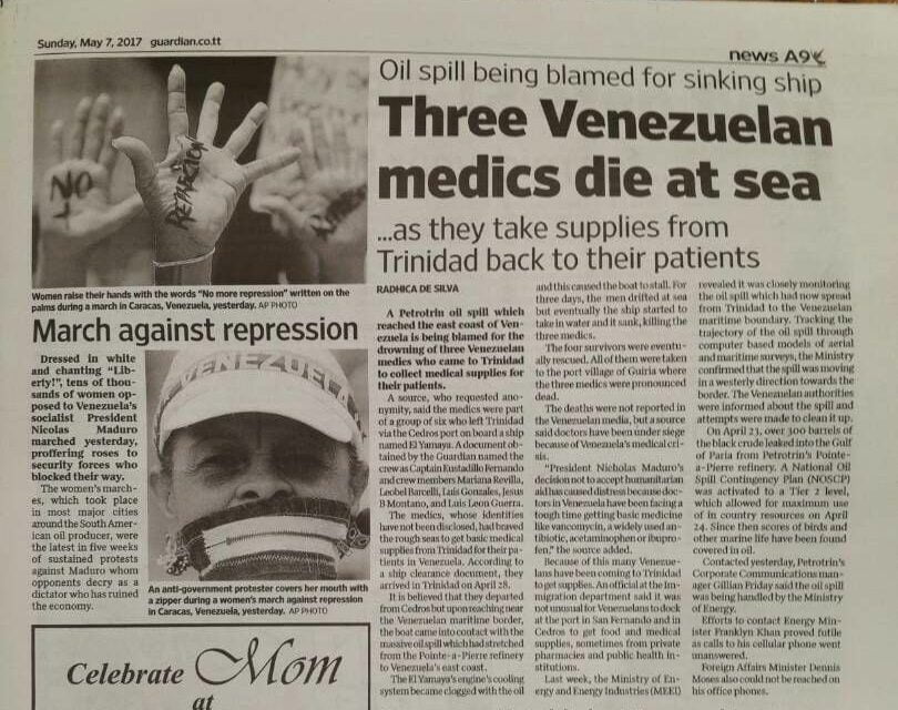 Tres médicos venezolanos que traían medicinas desde Trinidad y Tobago murieron en altamar